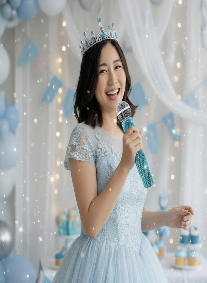 Simplurfi Fake Microphone Prop and Crystal Tiara Set - Sparkly Rhinestone Bling Girls Toy Mic & Crown for Halloween, Cosplay, Princess Dress-Up Gift, Birthday Parties & Kids Pretend Play (Silver) (Blue) - Image 3